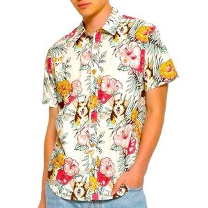 Hot Topic Tropical Corgi Vibes Short-Sleeve Woven Men’s Button-Up Size Medium